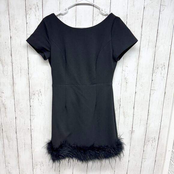 Lulus Dress Women Size Medium Black Backless Feather Trim Short Sleeve Mini - Picture 1 of 6